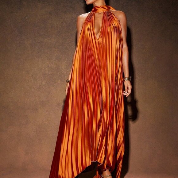 orange elegant Womens Pleated High Low Backless Halter Maxi Dress - Picture 4 of 5